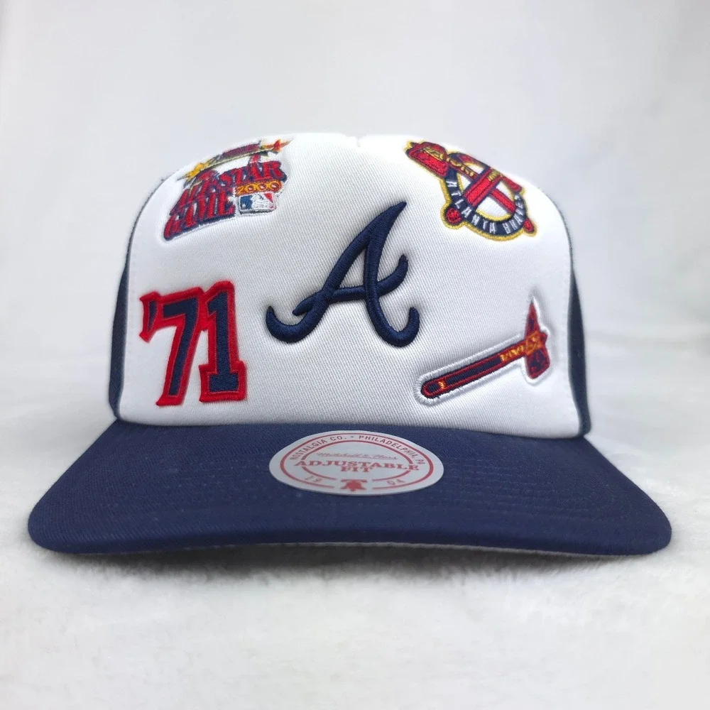 Atlanta Braves Mitchell & Ness Trucker‎ Hat Cap 3D Logo 5 Logos White Navy NWT